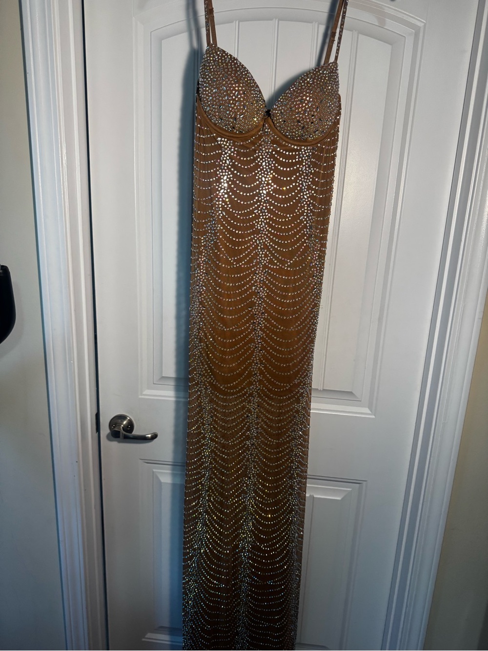 Rhinestone Embellished Nude Mesh Maxi Dress